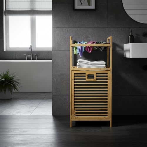 Alternative view of Doğal Bambu 2 Katlı Banyo Rafı ve Çamaşır Sepeti (40x30x95 cm) - Açık Raflı Ahşap Düzenleyici Kirli Sepeti Dolabı