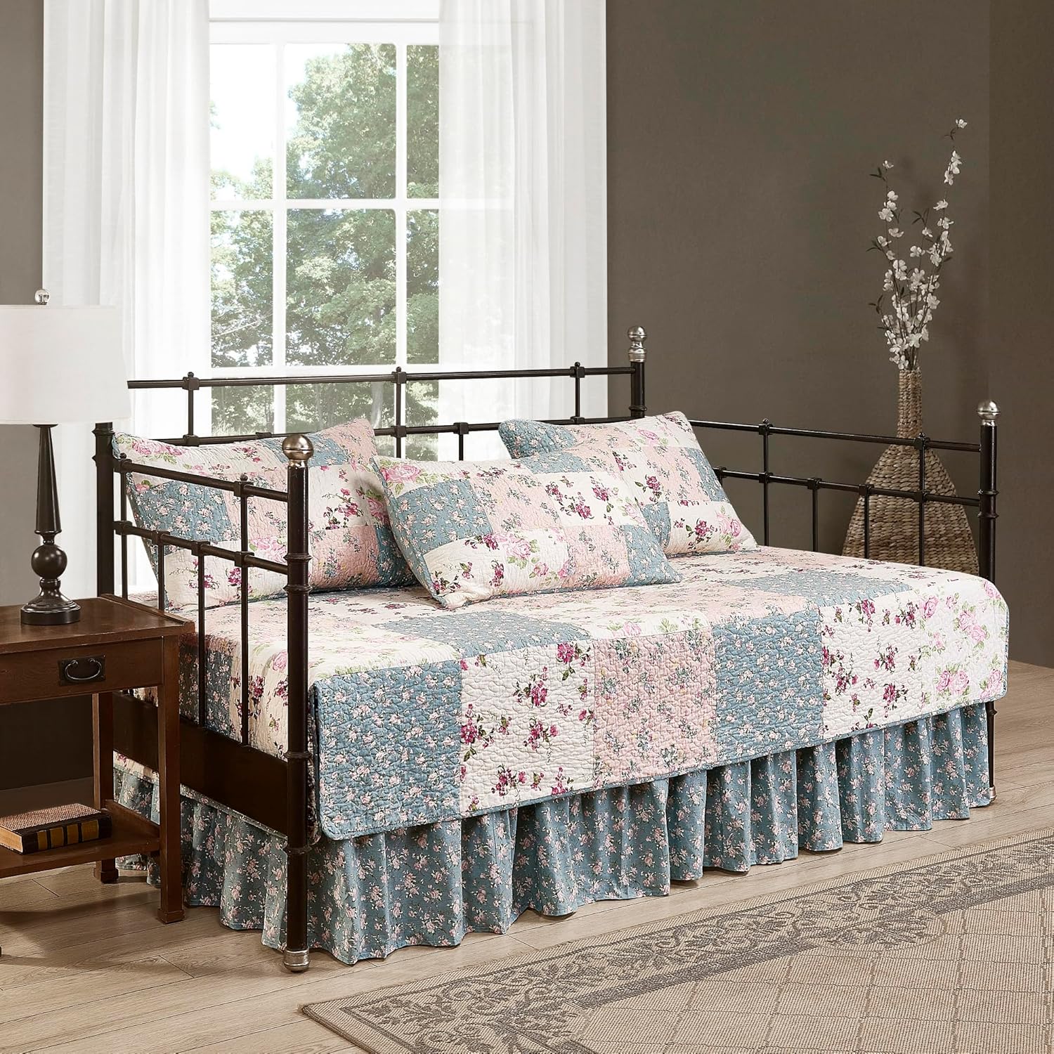 Abbi 5 Parça Bahçe Çiçekli Yıkanmış%100 Pamuk Ters Çevrilebilir Yama İşi Yorgan Seti (Daybed Boyutu)