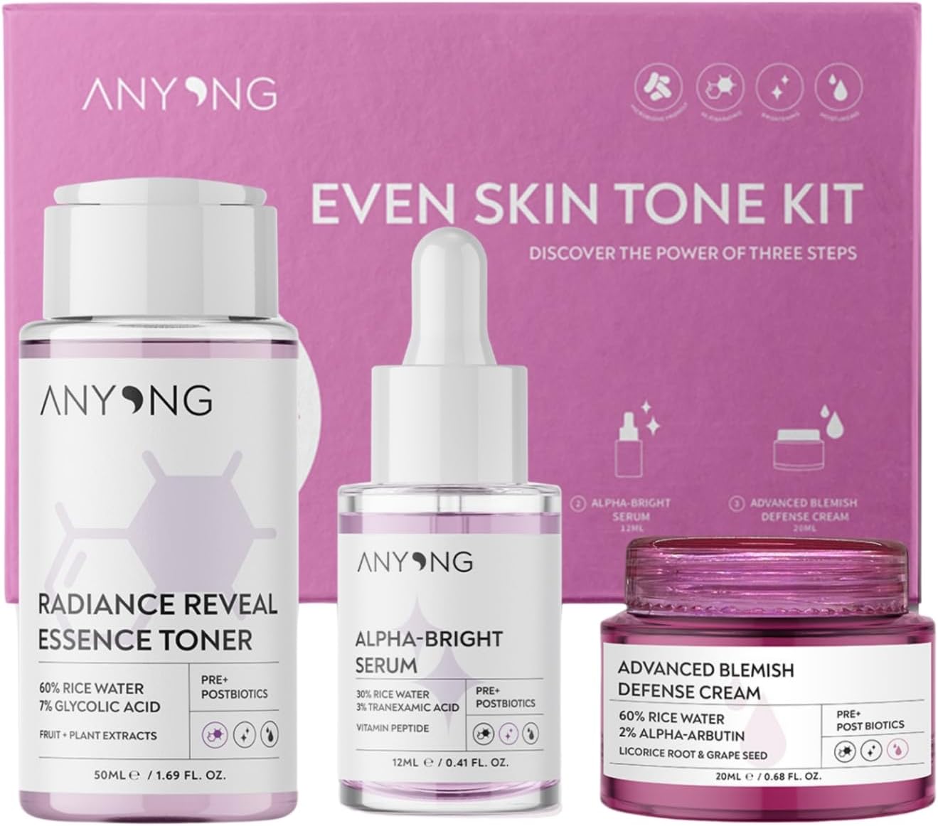 Alternative view of Anyong Leke Karşıtı Ve Aydınlatıcı Cilt Bakım Kiti (TONİK, SERUM, KREM) / Pirinç Suyu Ve Arbutin (50 ML + 12 ML + 20 ML)