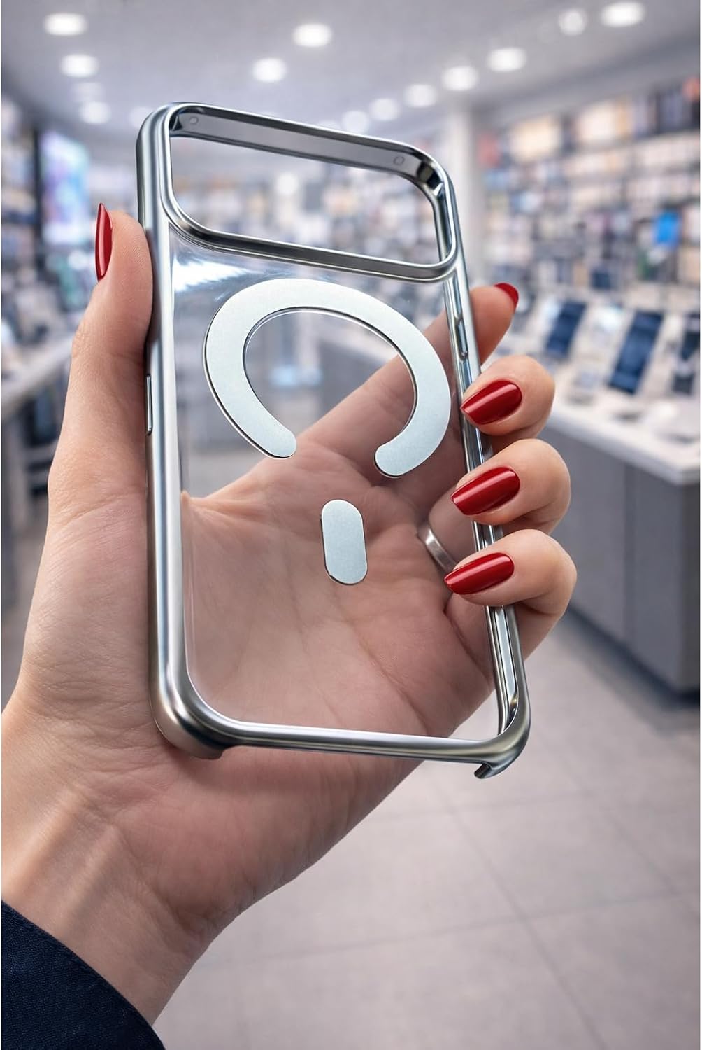 17 Pro Max ile Uyumlu CrystalEdge MagSafe ile uyumlu Şeffaf Logo Gösteren Renkli Kenarlı Darbeye Dayanıklı Premium Kılıf Gümüş