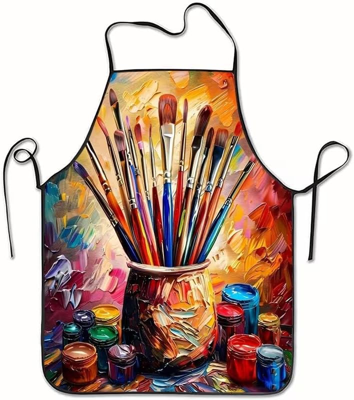 Ressam Temalı Mutfak Önlüğü Boya Fırçası Baskılı Cepli Ayarlanabilir Askılı Mutfak Servis Hobi Önlüğü