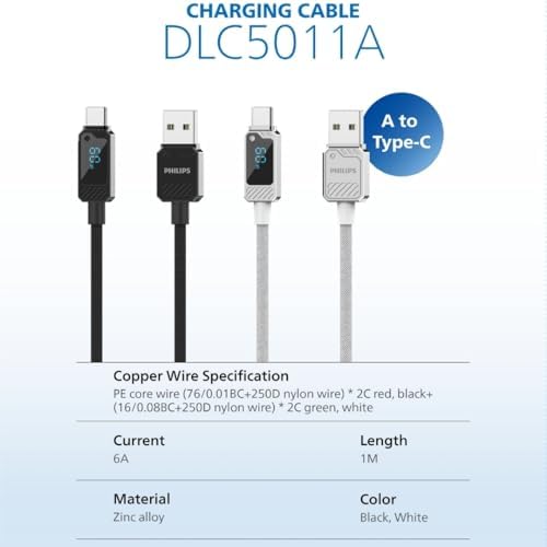 Alternative view of DLC5011A USB-A - Type-C Şarj Kablosu, 60W, Hızlı Şarj, 6A Yüksek Akım, 1 Metre, Naylon Örgülü, Dijital Göstergeli (Beyaz)