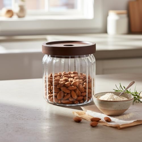 Alternative view of Akasya Kapaklı Çizgili Cam Kavanoz (450 ml) | Hava Geçirmez, Modern Fitilli Tasarım Gıda Saklama Kabı | Baharat, Kuruyemiş, Atıştırmalık ve Kahve Kavanozu (9x10 cm)