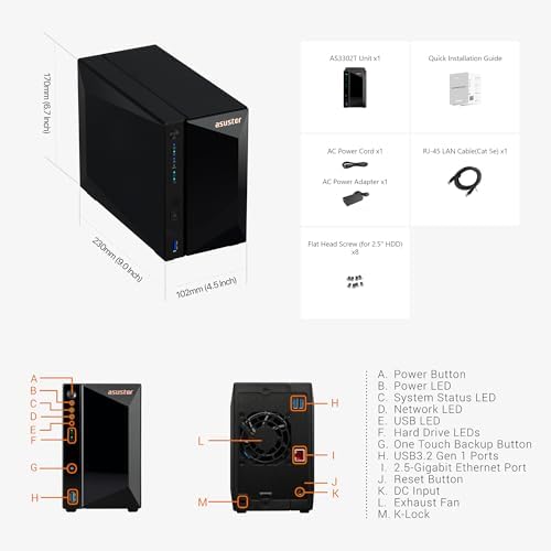 Alternative view of Asustor Drivestor 2 Pro Gen2 AS3302T v2, 2 Bay NAS Kasa Ağ Belleği, 1.7GHz Quad-Core, 2.5GbE Port, 2GB RAM DDR4, Bulut Bellek için Ağ Bağlantılı Depolama (Disklesiz)