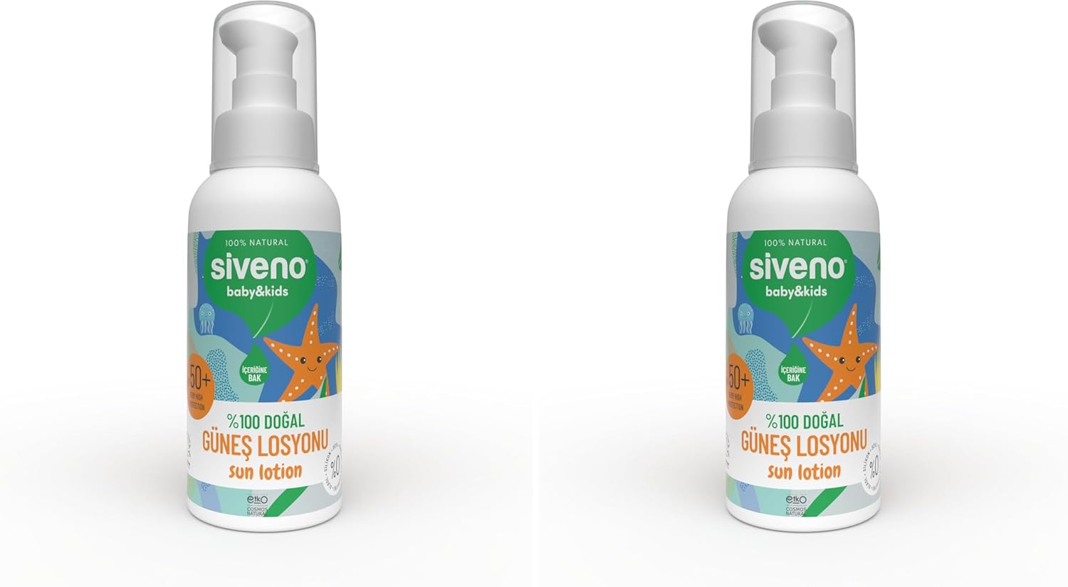 Siveno%100 Doğal Çocuk Güneş Losyonu Leke Karşıtı Nemlendirici Bitkisel Vegan UVA UVB SPF 50+ 100 ml (2 paketi)