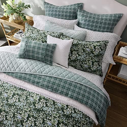 Ashley- Comforter Set, Reversible Bedding Set, Includes Matching Shams with Bonus Euro Shams & Throw Pillows (Bramble Floral Green,)