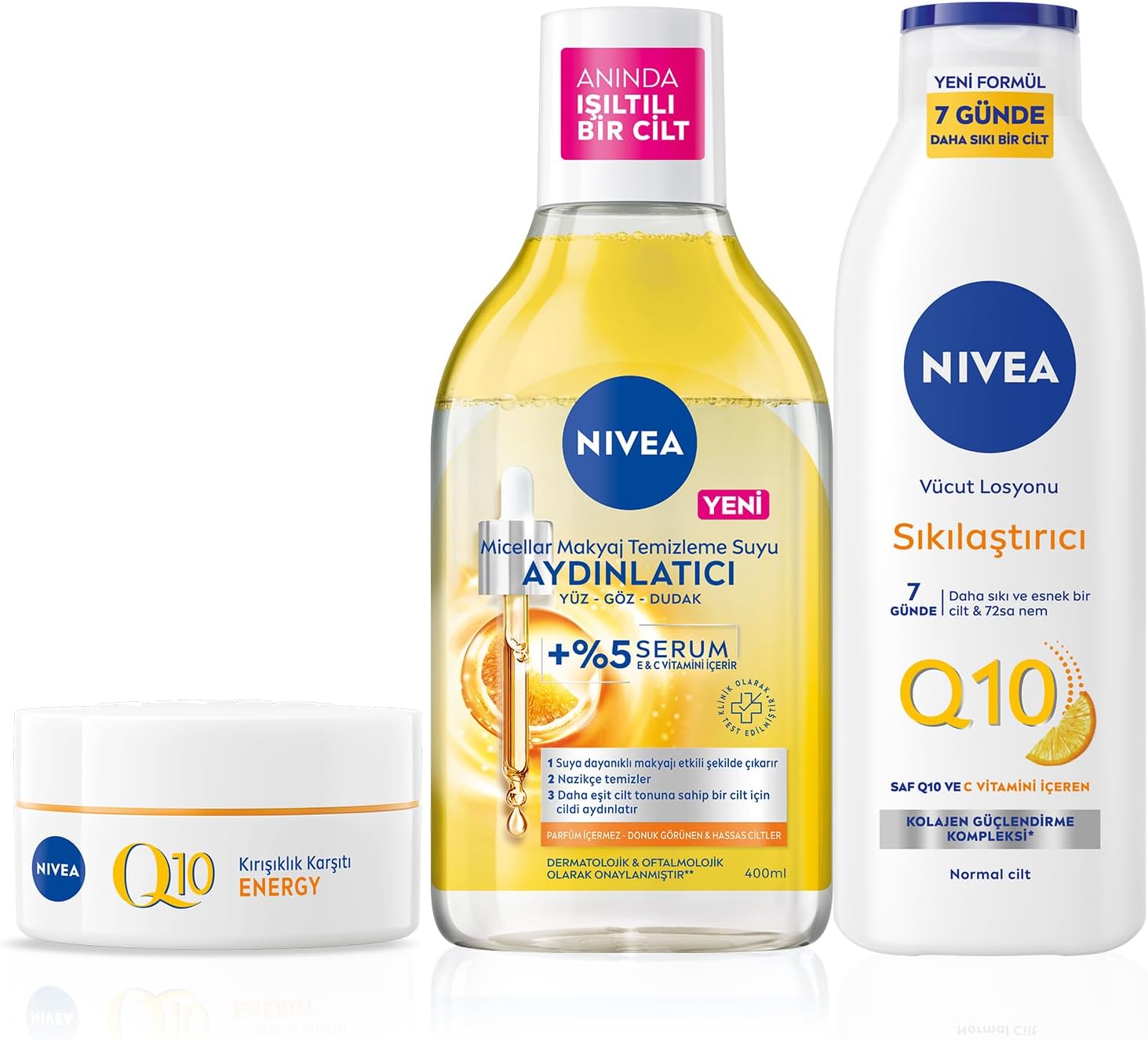 C Vitamini Bakım Seti, Q10 Sıkılaştırıcı Losyon 250ml, Gündüz Kremi 50ml,Makyaj Temizleme Suyu 400ml