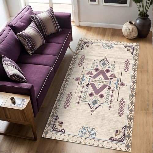 Plum Kadife Kaymaz Pamuk Tabanlı Yıkanabilir Antibakteriyel Salon Halısı (100x150, Kilim Desenli)