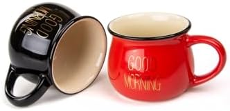 2'Li Görünümlü Renkli Porselen Kupa Seti Good Morning Yazılı 250 Ml,Siyah & Kırmızı
