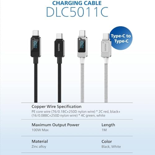 DLC5011C Type-C - Type-C Şarj Kablosu, 100W, Hızlı Şarj, 5A Yüksek Akım, 1 Metre, Dayanıklı Örgü Kablo, Dijital Göstergeli (Siyah)