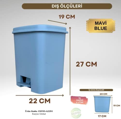 Plastik Dekoratif Mutfak Banyo Çöp Kovası 6L Renkli Pedallı Mavi, Gri,Beyaz,Siyah Ofis Temizlik Kovası Çöp Konteynırı Kolay Temizlenir (Mavi)
