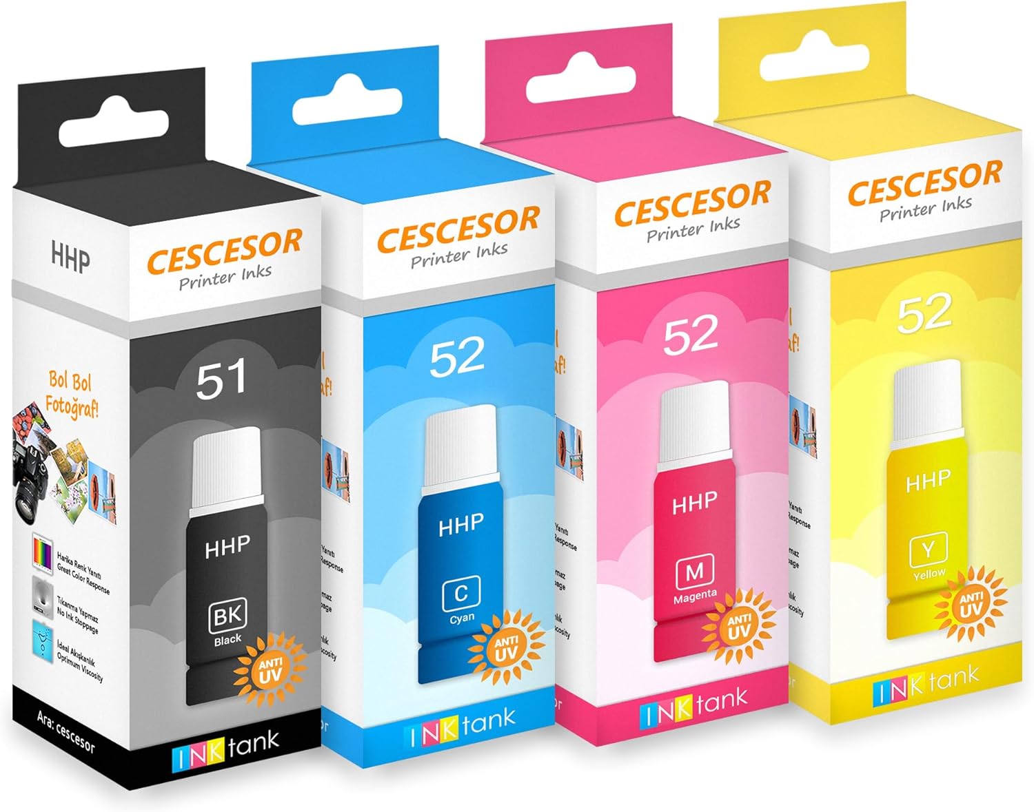 HP GT51XL - GT52 İçin 4 Renk Mürekkep Seti 1x90ml 3x70ml