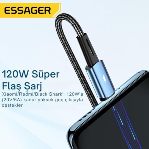 Alternative view of Essager 2 Metre 120W 6A PD3.1 USB to Type-C Hızlı Data Şarj Kablosu, Ultra Sağlam Halat Kablo Kopmaz