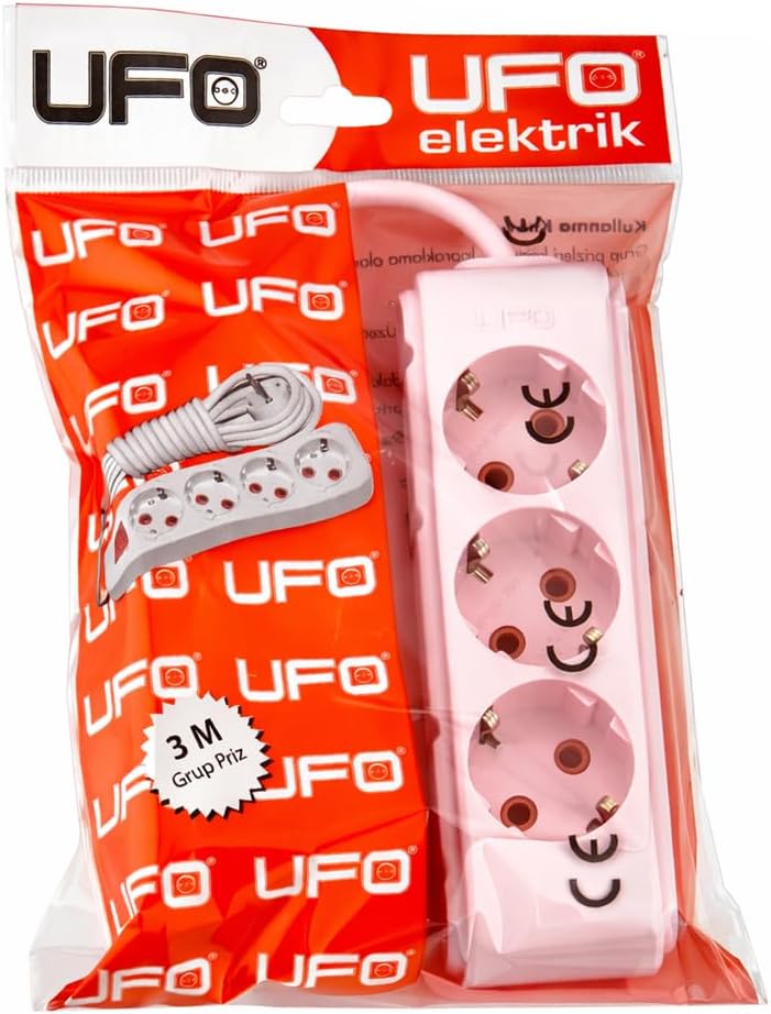 Alternative view of UFO 3lü 3 metre Kablolu Topraklı Grup Priz, 16A 250V, Üçlü Uzatma Kablosu Pembe Renk