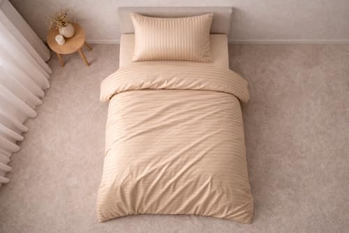 Vionetta Pamuk Bej Çizgili Otel Serisi Lastikli Çarşaf Tek Kişilik Nevresim Takımı