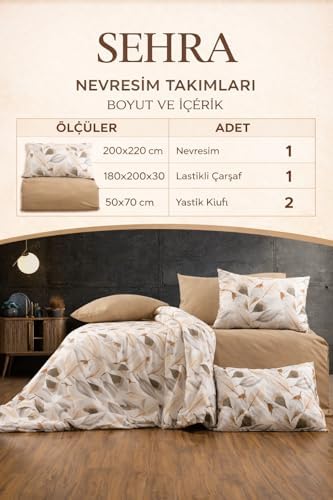 Lüks%80 Pamuklu Çift Kişilik Nevresim Takımı Seti Yorgan Kılıfı Krem Yaprak Desen 200x220 cm + Lastikli Battal Boy Çarşaf 180x200x30 cm +2 Yastık Kılıflı 50x70 cm