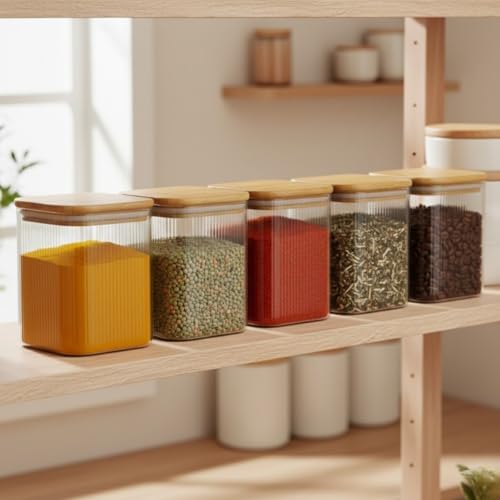 Alternative view of Bambu Kapaklı Kare Cam Kavanoz – 350 ml, Sızdırmaz Contalı, Şeffaf Çizgili Tasarım, Çok Amaçlı Saklama Kabı