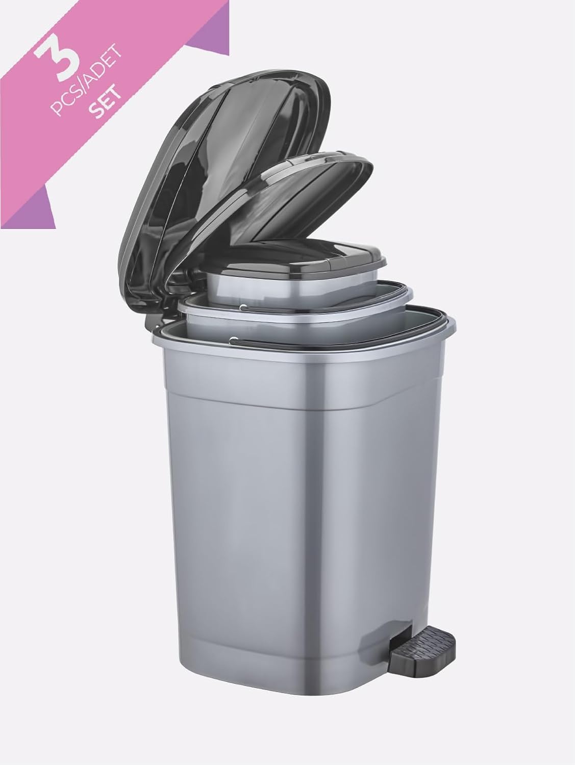 Alternative view of Çöp Kovası Seti 3 Adet Pedallı Gri Banyo Mutfak Çöp Kovası Kapaklı Dış Mekan Bahçe Çöp Kutusu 5 Lt + 10 Lt + 20 Lt