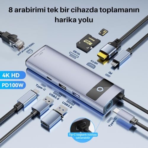 Alternative view of Multiport PD 100W 8in1 Type-C to Dönüştürücü Hub Type-C to Rj45 HDMI4K@30Hz USB3.0 SD/TF