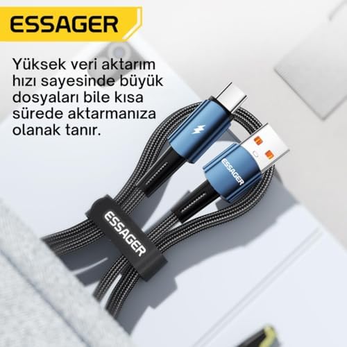 Essager 2 Metre 120W 6A PD3.1 USB to Type-C Hızlı Data Şarj Kablosu, Ultra Sağlam Halat Kablo Kopmaz