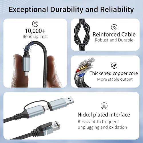 Dacrown USB C - Ethernet Kablosu 10 FT, Tip C - LAN Kablosu, Gigabit Ağ İnternet Adaptörü, Doğrudan Bağlı, Thunderbolt 4/3 MacBook Air/Pro, XPS, 15 Serisi, Galaxy S24 ile Uyumlu