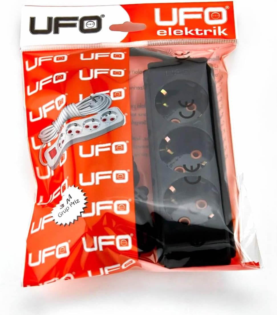 UFO 3lü 3 metre Kablolu Topraklı Grup Priz, 16A 250V, Üçlü Uzatma Kablosu Siyah Renk