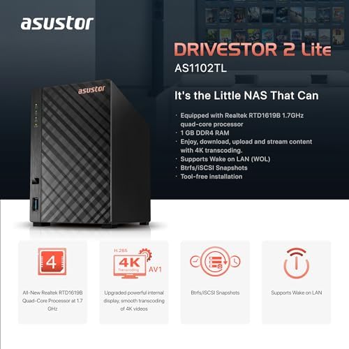 Asustor Drivestor 2 Lite AS1102TL, 2 Bay NAS Kasa Ağ Belleği, 1.7GHz Quad Core, 1GbE Port, 1GB RAM DDR4, Bulut Bellek için Ağ Bağlantılı Depolama (Disklesiz)