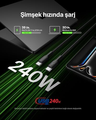 Eco Örgülü USB-C - USB-C Kablosu, 1 m, 240 W, Yumuşak, Esnek Hızlı Şarj Kablosu, 16, Galaxy S25, 9, MacBook, iPad Pro ve Daha Fazlası için Tip-C Şarj Kablosu - Siyah (USB 2.0)