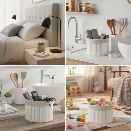 Yuvarlak Bambu Düzenleyici ve Saklama Sepeti – Beyaz Ahşap Çıtalı Banyo, Makyaj ve Ofis Organizeri, Kumaş Astarlı Çok Amaçlı Dekoratif Kutu (18x13 cm)