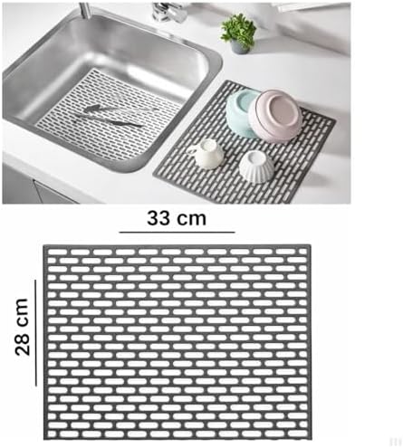Silikon Kaydırmaz Lavabo Paspası, Gri, 33x28 cm, Delikli Tasarım, Mutfak ve Banyo için Su Geçiren Tezgah Koruyucu Mat