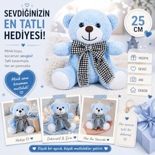 Pelüş Piti Kareli Pelüş Ayı,Siyah Beyaz Fiyonklu Ayıcık,Sevimli Fiyonklu Ayıck,Papyonlu Ayıcık,Doldurulabilir Oyuncak,Ofis Hediyesi (Mavi)
