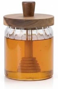 AmberHaus 450 ml Akasya Ahşap Kapaklı ve Kaşıklı Cam Bal Kavanozu - Vakumlu Kahvaltılık Bal, Reçel ve Pekmez Saklama Kabı - Sofralar İçin Doğal Cam Sunumluk