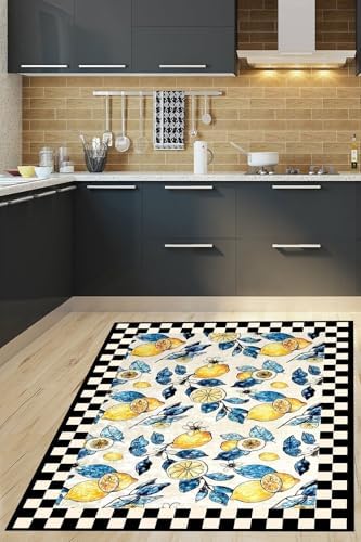 Pelangi Limon Desenli Dijital Baskı Yıkanabilir Kaymaz Taban Leke Tutmaz Mutfak Halısı, Sarı 160 x 350