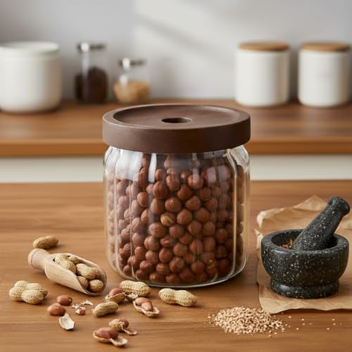 Akasya Kapaklı Çizgili Cam Kavanoz (450 ml) | Hava Geçirmez, Modern Fitilli Tasarım Gıda Saklama Kabı | Baharat, Kuruyemiş, Atıştırmalık ve Kahve Kavanozu (9x10 cm)