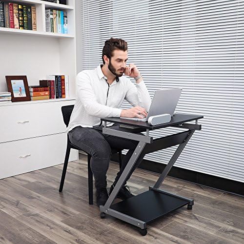 Vasagle Çalışma Masası, 2'Si Frenli Toplam 4 Tekerlekli Bilgisayar Masası, Pc Masası, Pürüzsüz Klavye Çekmecesi, Kolay Montaj, Yerden Tasarruflu Z-Şekilli Pc Masası, Siyah, Lcd811B