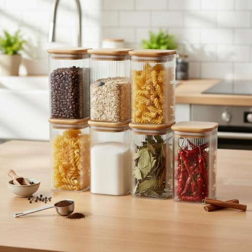 6'lı Set 425 ml Bambu Kapaklı Kare Cam Kavanoz - 6x12 cm Vakumlu Uzun Boy Şeffaf Erzak Kabı Kahve Çay Baharatlık ve Mutfak Düzenleyici Organizer Saklama Kutusu