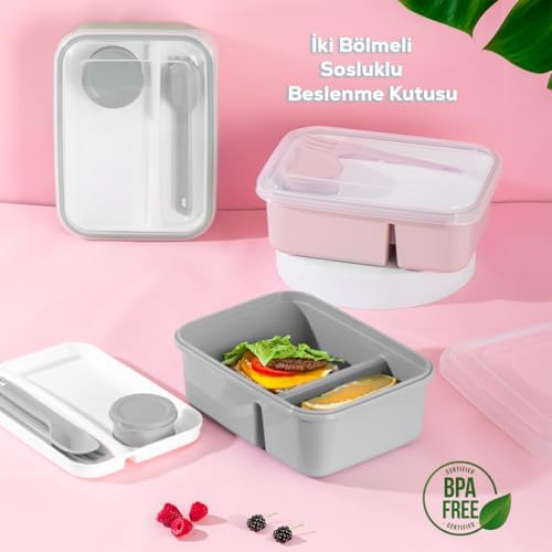 1183 Kendinden Kaşık Çatallı Sosluk Bölmeli Beslenme Kabı - Taşınabilir Lunch Box Gri