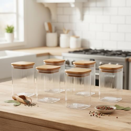 6'lı Set 350 ml Bambu Kapaklı Kare Cam Kavanoz - 6x10 cm Vakumlu Orta Boy Şeffaf Erzak Kabı Kahve Çay Baharatlık ve Mutfak Düzenleyici Organizer Saklama Kutusu