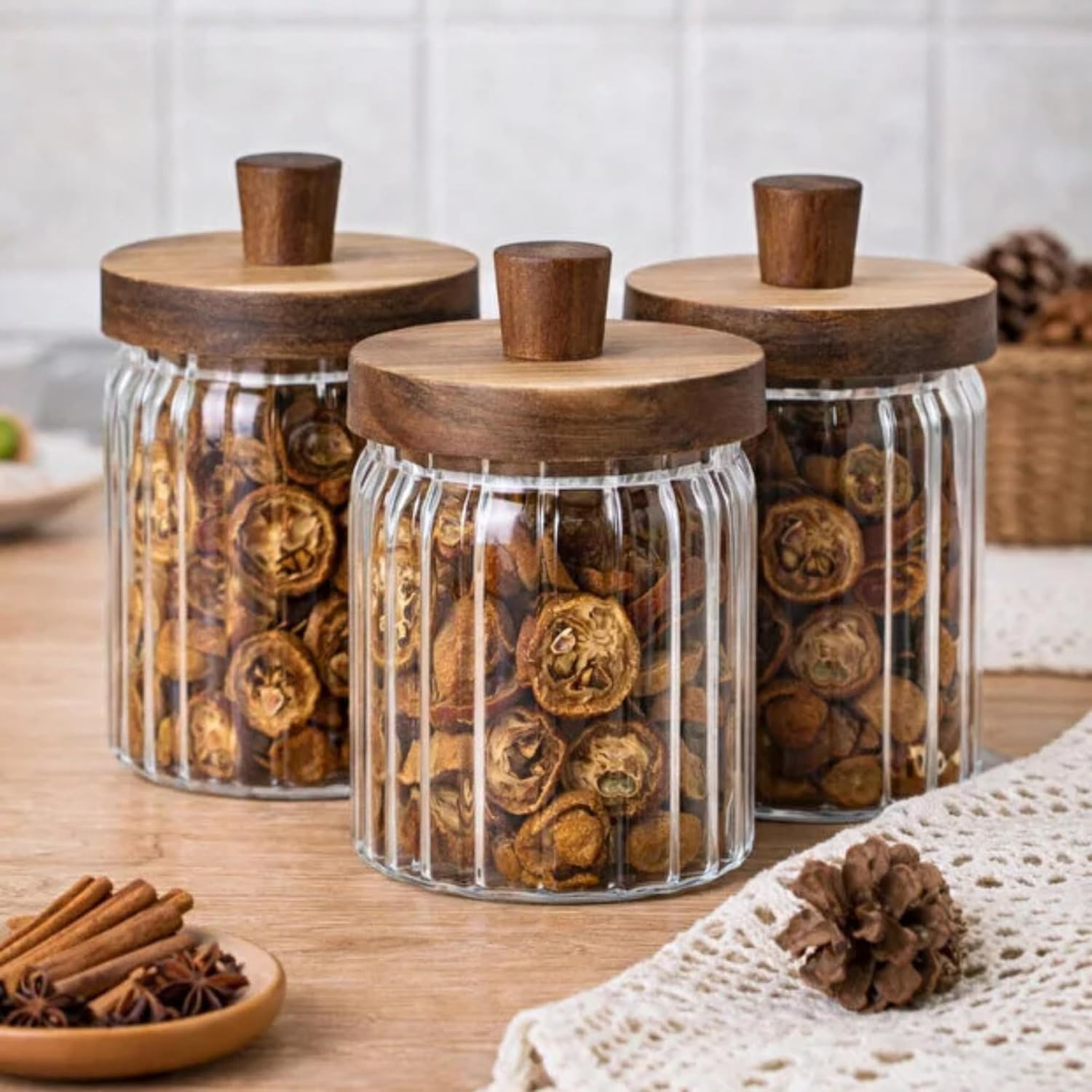 Ahşap Kulplu Kapaklı 3’lü Cam Kavanoz Seti | 450 ml + 450 ml + 450 ml | Gıda Saklama Kavanozu