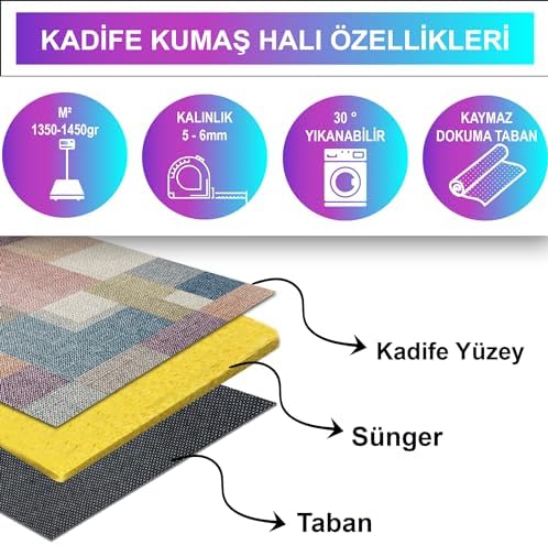 Dizayn Anika Kadife Pamuk Tabanlı Yıkanabilen Kaydırmaz Antibakteriyel Salon Halısı 140x200