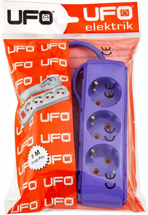 Alternative view of UFO 3lü 3 Metre Kablolu Topraklı Grup Priz, 16A 250V, Üçlü Uzatma Kablosu Mor Renk