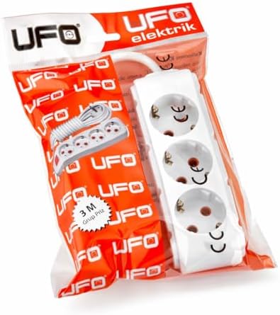 UFO 3lü 5 Metre Kablolu Topraklı Grup Priz, 16A 250V, Üçlü Uzatma Kablosu Beyaz Renk