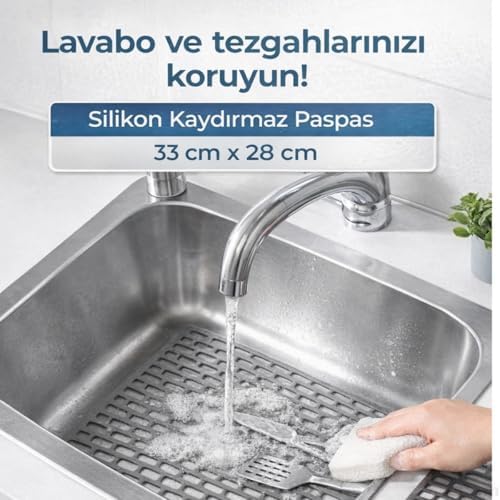 Alternative view of Silikon Kaydırmaz Lavabo Paspası, Gri, 33x28 cm, Delikli Tasarım, Mutfak ve Banyo için Su Geçiren Tezgah Koruyucu Mat