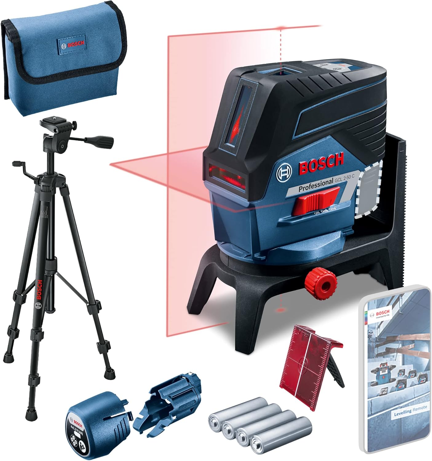 Professional GCL 2-50 C Çizgi Lazer (20m Çalışma Alanı [Alıcı ile 50 m], 4 x AA Pil, IP 54 Toza Karşı Koruma Sistemi, Kırmızı Lazer, RM2 Tutucu, BT 150, Koruma Çantası)
