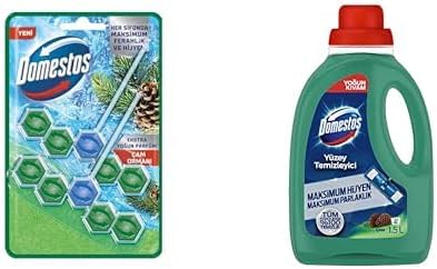 Domestos WC Blok 5'li Güç Çam Ferahlığı 600 Sifona Kadar Güçlü Temizlik 110 gr İkili Paket ve Domestos Yüzey Temizleyici Yoğun Kıvam Çam 1500 ml