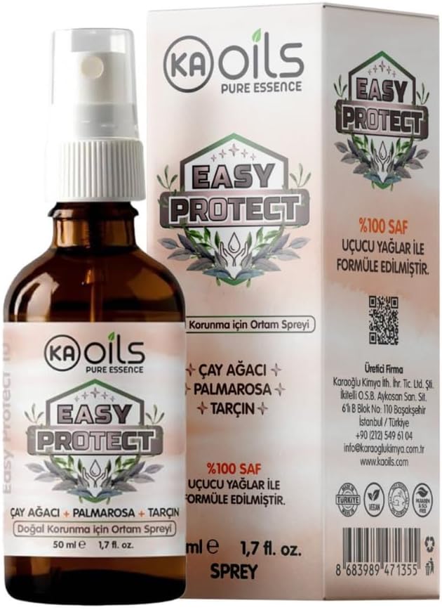 Easy Protect Doğal Ortam Spreyi 50 ml - Sivrisinek, Kene, Akar ve Haşerelere Karşı Doğal Koruma | 100% Pure Oil Blends | Palmarosa, Tarçın, Çay Ağacı