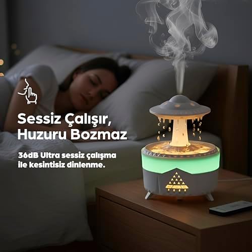 Alternative view of UFO Yağmur Damlası Aroma Difüzörü – Hava Nemlendirici Buhar Makinesi – Raindrop Modlu, Renkli Işıklı, Zaman Ayarlı & Otomatik Kapanmalı Dekoratif Difüzör Uzaktan Kumandalı