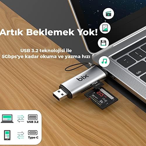 Bix ADP-11 Mikro SD Kart Okuyucu Type-C & USB 3.2 Gen1, Hafıza Kartı Okuyucu Micro SD için OTG, SDHC, SDXC, MMC Kart Adaptörü, iPad, MacBook, Bilgisayar, Telefon ve Tablet ile Uyumlu