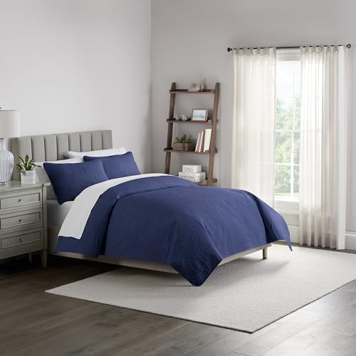Waverly Traditions Madalyon Pinsonic 3 Parça Kapitone Tek Parça Nevresim Takımı, 2 Yastık Kılıfı ve Yorgan ile Yatak Takımı, Hafif ve Makinede Yıkanabilir, Lacivert