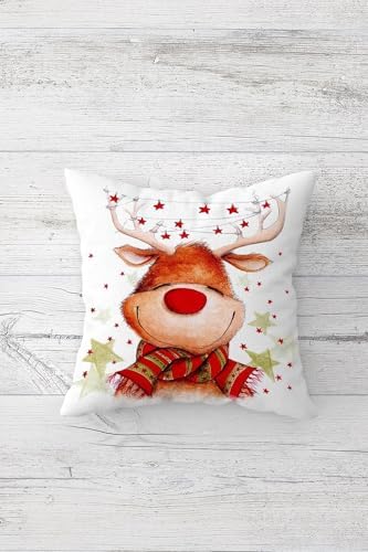 Pelangi Geyik Yılbaşı Christmas Gizli Fermuarlı Kırlent Kılıfı Koltuk Yastık Kılıfı Takım(4adet), Kırmızı-Beyaz-Yeşil 45 x 45